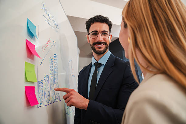 istock One business man explaining a marketing strategy using notes on a board. Male talking on a startup brainstorming. Successful and smart businessman doing a work presentation in the office. Leadership 2205864710