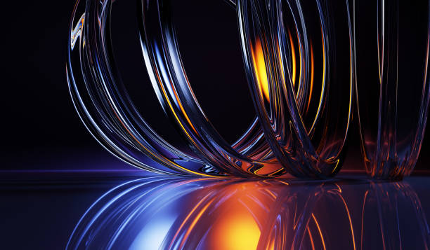 istock Neon glass circle 3d shapes with blue and gold light reflection on water surface. Abstract black background with row of crystal bright rings. Holographic transparent circular lines 2205868618