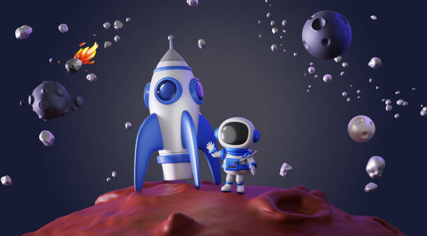 3d cute kid astronaut and rocket on Mars surface render. Cosmonaut in spacesuit waving explore outer space. Cartoon alien planet landscape with crater, moon and meteorite in night sky. 3D illustration