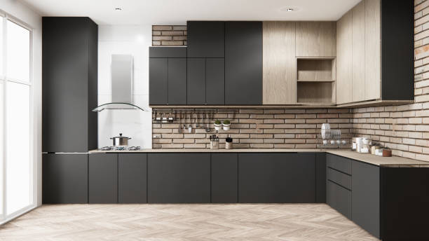 istock blank concept kitchen room scene mockup and set shaped kitchen design. 3d rendering 2205872108