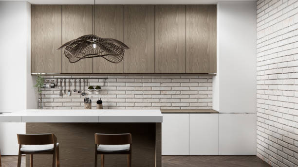 istock white brick wall modern loft style on kitchen counter scene mockup kitchen bar and set shaped kitchen design. 3d rendering 2205872141