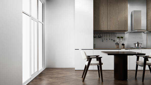 istock Kitchen bar on set kitchen shaped modern style white and wood concept. 3d rendering 2205872157