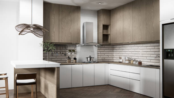 istock white brick wall modern loft style on kitchen counter scene mockup kitchen bar and set shaped kitchen design. 3d rendering 2205872193