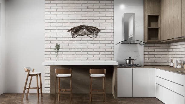 istock white brick wall modern loft style on kitchen counter scene mockup kitchen bar and set shaped kitchen design. 3d rendering 2205872198