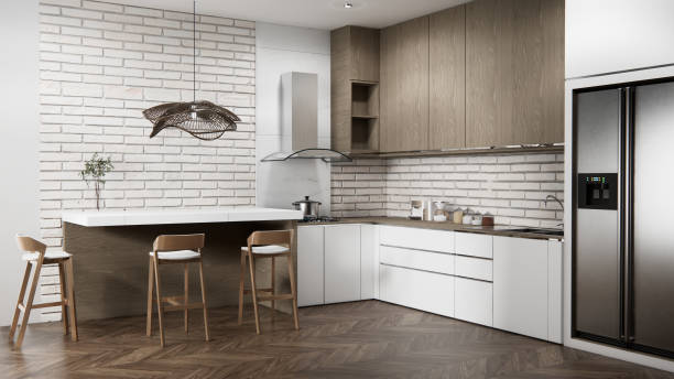 istock white brick wall modern loft style on kitchen counter scene mockup kitchen bar and set shaped kitchen design. 3d rendering 2205872200