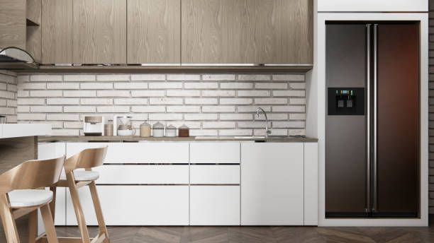 istock white brick wall modern loft style on kitchen counter scene mockup kitchen bar and set shaped kitchen design. 3d rendering 2205872293