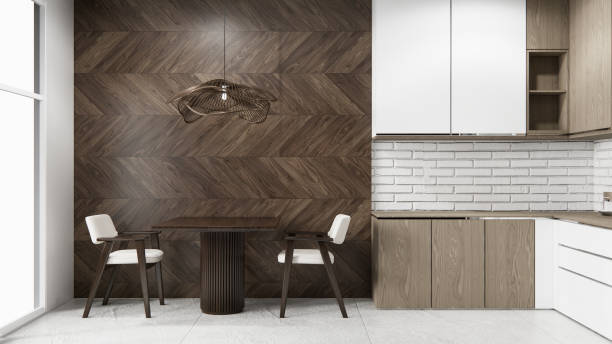 istock white brick wall modern loft style on kitchen counter scene mockup kitchen bar and set shaped kitchen design. 3d rendering 2205872295