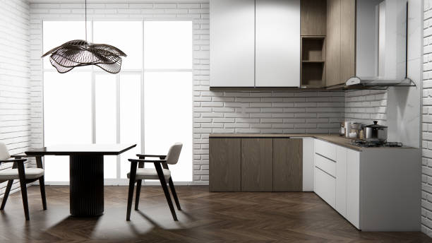 istock white brick wall modern loft style on kitchen counter scene mockup kitchen bar and set shaped kitchen design. 3d rendering 2205872376
