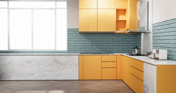 istock modern loft style on kitchen orange counter scene mockup and set shaped kitchen design. 3d rendering 2205872549