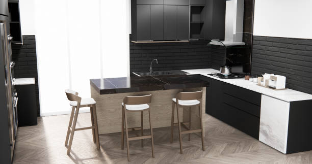 istock black set kitchen shaped modern style black and wood concept. 3d rendering 2205872552