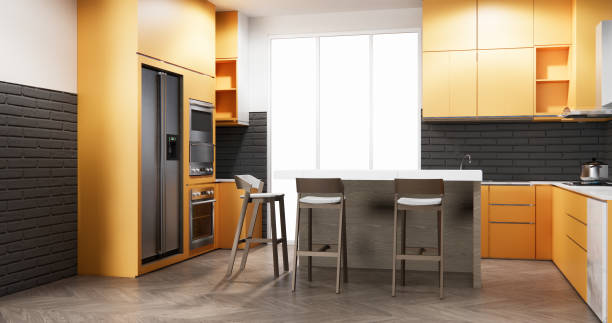 istock modern loft style on kitchen orange counter scene mockup and set shaped kitchen design. 3d rendering 2205872553