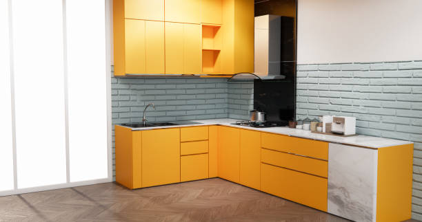 istock modern loft style on kitchen orange counter scene mockup and set shaped kitchen design. 3d rendering 2205872556