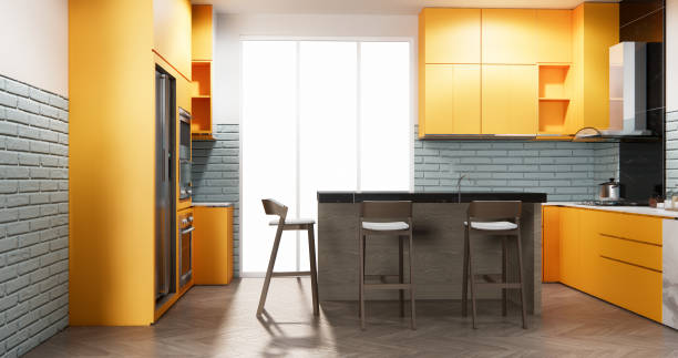 istock modern loft style on kitchen orange counter scene mockup and set shaped kitchen design. 3d rendering 2205872564