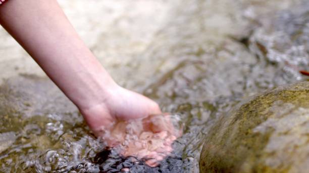 istock Girl drink water from river, take in palm 2205872762