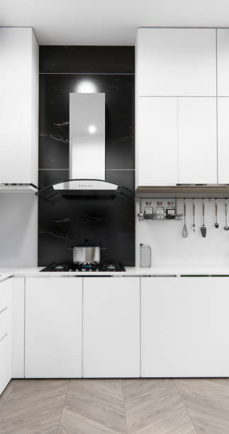 istock mockup white Kitchen bar on set kitchen shaped modern style white and wood concept. 3d rendering 2205873102