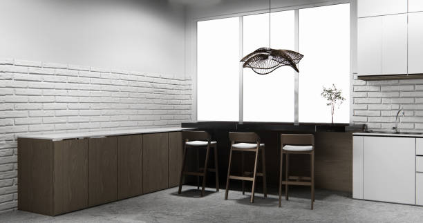 istock white brick wall modern loft style on kitchen counter scene mockup kitchen bar and set shaped kitchen design. 3d rendering 2205873130