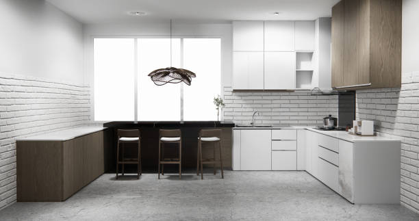 istock white brick wall modern loft style on kitchen counter scene mockup kitchen bar and set shaped kitchen design. 3d rendering 2205873135