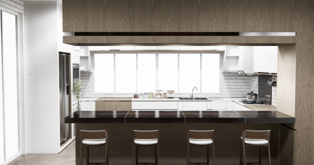 istock Kitchen bar on set kitchen shaped modern style white and wood concept. 3d rendering 2205873139