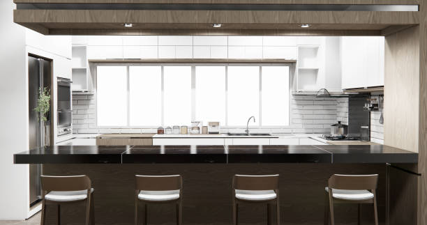 istock bar on set kitchen shaped modern style white and wood concept. 3d rendering 2205873165