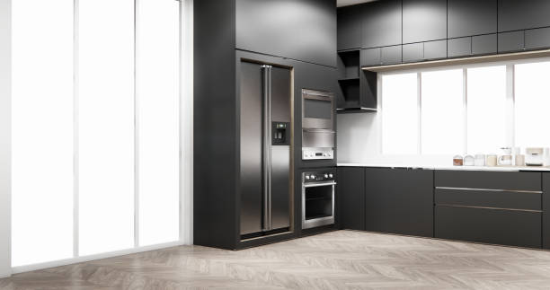 istock black set kitchen shaped modern style black and wood concept. 3d rendering 2205873168