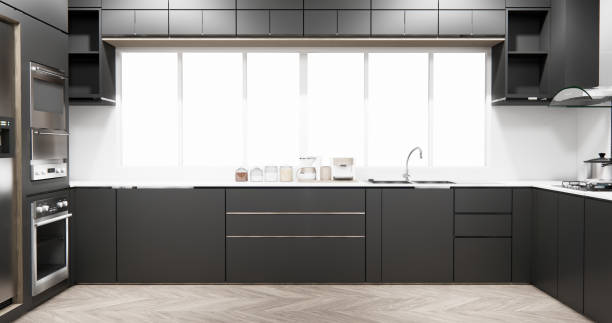 istock black set kitchen shaped modern style black and wood concept. 3d rendering 2205873171