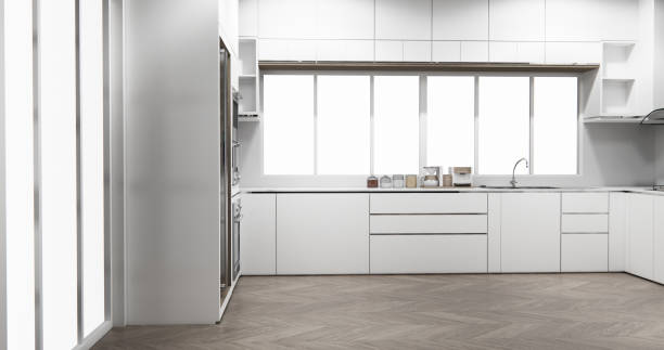 istock mockup white Kitchen bar on set kitchen shaped modern style white and wood concept. 3d rendering 2205873175