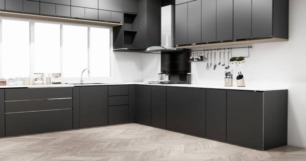 istock black set kitchen shaped modern style black and wood concept. 3d rendering 2205873176