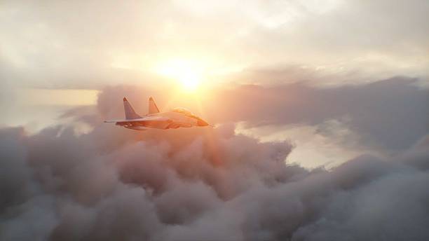 istock Russian military fighter jet MIG -35 flying over clouds. Air force. 2205873833