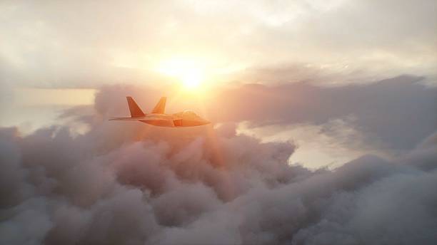 istock Military fighter jet F-22 flying over clouds. Air force. 3d rendering. 2205874586
