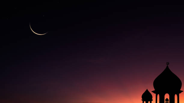 Mosques dome on dark blue twilight sky and crescent moon on background, symbol islamic religion Ramadan and free space for text arabic, Eid al-Adha, Eid al-fitr, Mubarak, Islamic new year Muharram