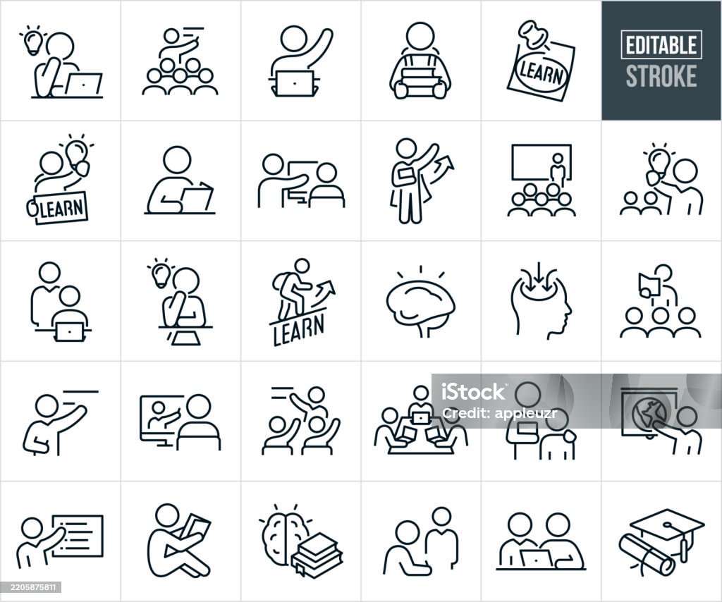 Study and Learning Thin Line Icons - Editable Stroke - Icons Include Students Learning, Education, Teacher, Instructor, Teaching, Lecturing, Homework, Reading Book, Knowledge, Professor, Thinking, Coursework, Schoolwork, Academics - Royalty-free Pictogram vectorkunst Study and Learning Thin Line Icons - Editable Stroke - Icons Include Students Learning, Education, Teacher, Instructor, Teaching, Lecturing, Homework, Reading Book, Knowledge, Professor, Thinking, Coursework, Schoolwork, Academics - Royalty-free Pictogram vectorkunst