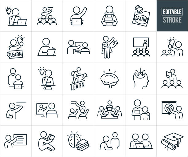 bildbanksillustrationer, clip art samt tecknat material och ikoner med study and learning thin line icons - editable stroke - icons include students learning, education, teacher, instructor, teaching, lecturing, homework, reading book, knowledge, professor, thinking, coursework, schoolwork, academics - lärare