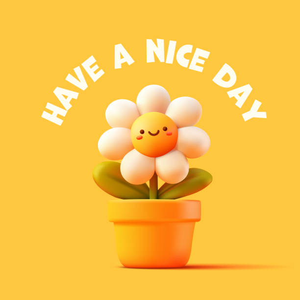 istock Have a nice day. Cute character of a white smiling daisy in a pot, 3D. Cute image for design concepts, prints, wishes, cards, and social networks. Yellow background. Vector illustration. 2205875878