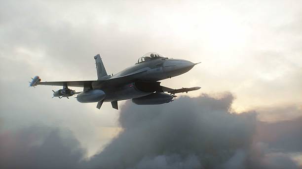 istock Military fighter jet F-16 flying over clouds. Air force. 3d rendering. 2205876961