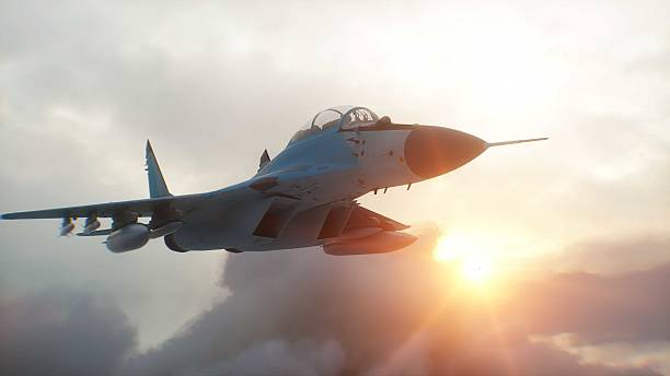 istock Russian military fighter jet MIG -35 flying over clouds. Air force. 2205877833