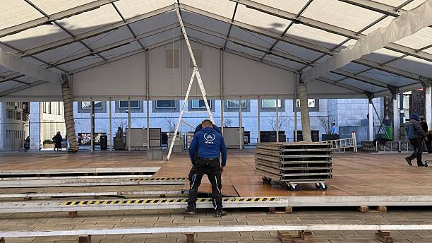 Stuttgart, Germany - 3/18/2025, Construction of a large marquee on the market square