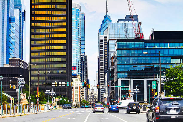 Philadelphia, USA - 5/25/2024, downtown traffic with skyscrapers In the background