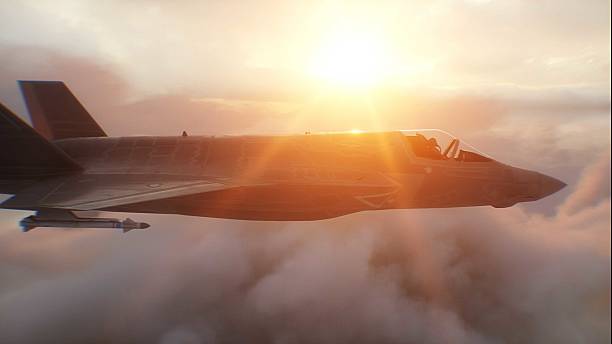 istock Military fighter jet F-35 flying over clouds. Air force. 3d rendering. 2205881858