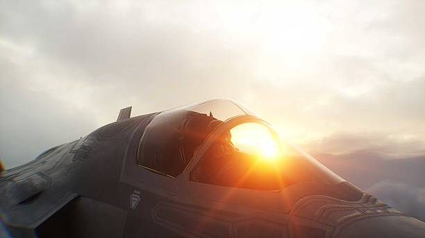 istock Military fighter jet F-35 flying over clouds. Air force. 3d rendering. 2205882329