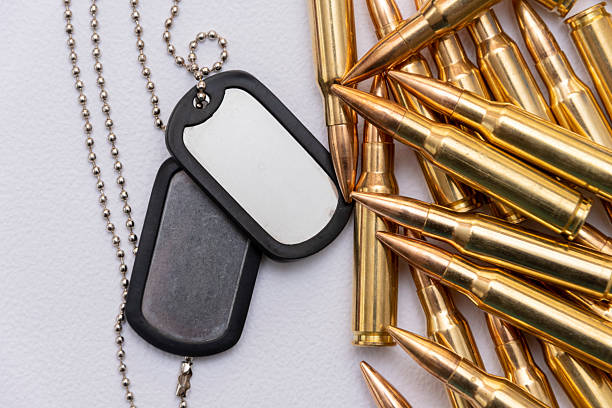 istock Brass cartridges and an army badge resting on a light background. 2205882838