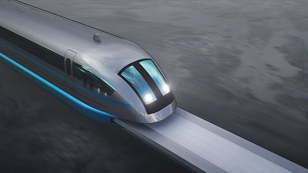 istock Futuristic train very fast driving on desert stone highway. Futuristic concept. 3d rendering. 2205886329