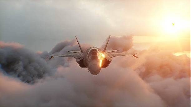 istock Military fighter jet F-35 flying over clouds. Air force. 3d rendering. 2205886767