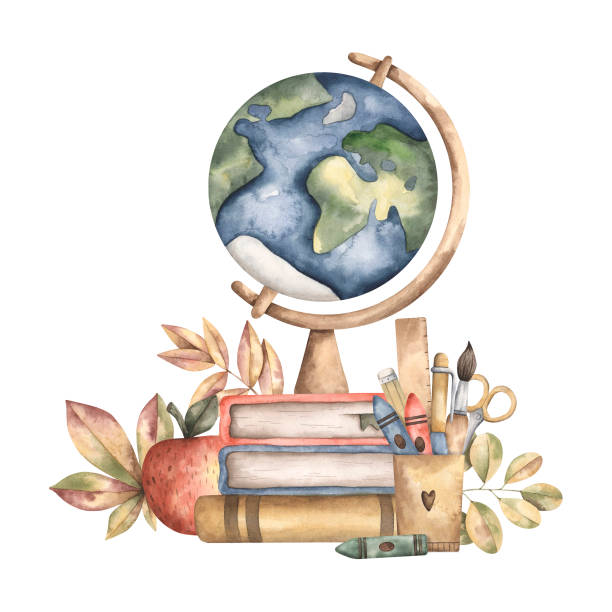Back to school. Watercolor hand-drawn illustration with stack of books, globe, school supplies, apple and autumn leaves. Cute school compositions for kids