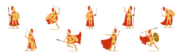 istock Spartan Man in Red Cloak and Helmet Armed with Spear, Sword and Shield Attacking Vector Set 2205890666