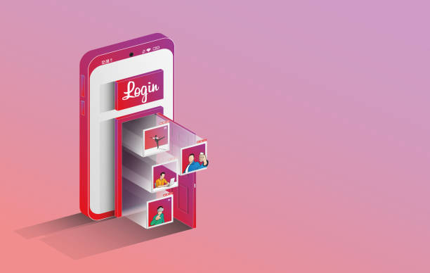 istock Digital platform login symbol represented by a door on the smartphone screen leading to multimedia content (photos and videos) 2205894188