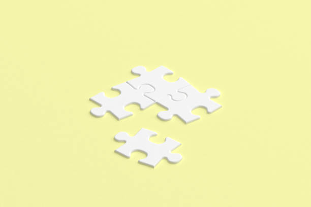 A set of white puzzle pieces arranged on a yellow background. One piece is separated, representing concepts of problem-solving, creativity, or an incomplete task. 3D rendered image.