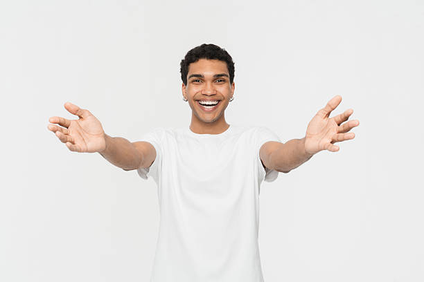 istock Happy Man Extends Open Arms for an Embrace on a White Background 2205895597