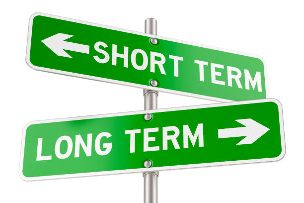 istock Short Term or Long Term directions. Opposite traffic sign, 3D rendering 2205896598