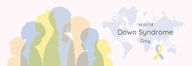 istock World Down Syndrome Day banner template. Blue yellow silhouette of diversity people. Different nationalities, genders and ages human profile. Earth map and ribbon in flat style for poster info web. 2205897187