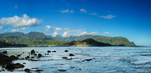 The vantage point of this viewpoint is a rocky part of the eastern coast of Hanalai Bay in Kauai.  The  dark volcanic boulders in the shallow waters stand in stark contract to the verdant tropical surroundings.  This panoroma was formed by stitching together 9 photographs.